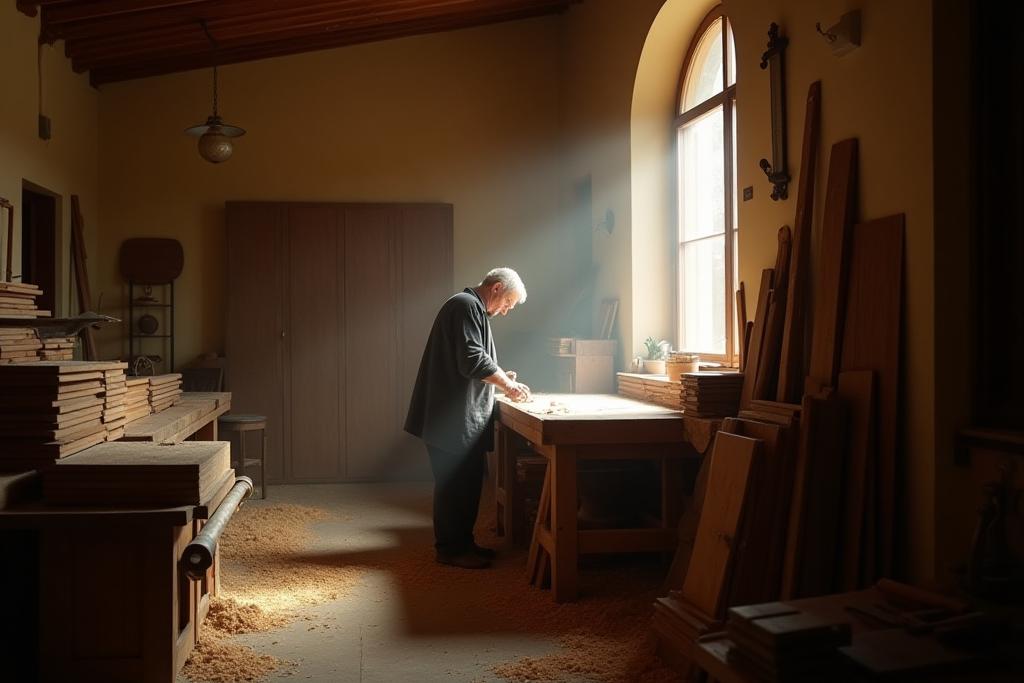 Artigiano al lavoro nel proprio laboratorio tradizionale fiorentino, con attrezzi d'epoca e un tavolo di legno.