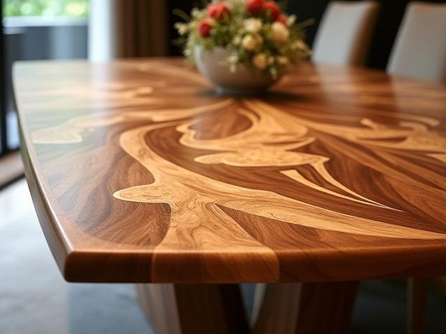 Tavolo maestoso con intarsi a forma di nuvole e fulmini, realizzato in legno pregiato.