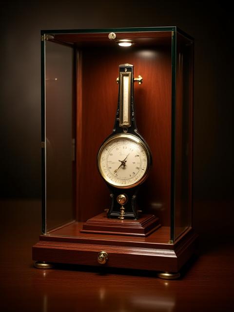 Teca espositiva in vetro e legno per un barometro antico, con umidostato integrato.