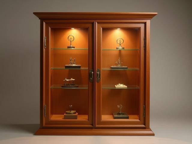 Vetrina in legno di ciliegio con ripiani in vetro illuminati, progettata per esporre piccole collezioni.