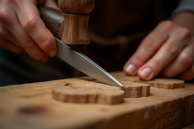 Dettaglio delle mani di un falegname che lavorano il legno con scalpello e martello